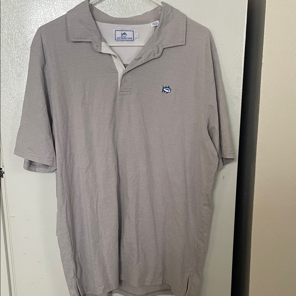 Southern Tide Men’s Large Pima Cotton Light Gray White‎ Striped Polo Shirt